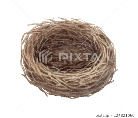 Empty bird nest from twig in a vintage Easter theme. Realistic hand drawn watercolor illustration with texture. Perfect for card design. Ideal for festive decor and nature themed holiday artwork. Empty bird nest from twig in a vintage Easter theme. Realistic hand drawn watercolor illustration with texture. Perfect for card design. Ideal for festive decor and nature themed holiday artwork. 124821060