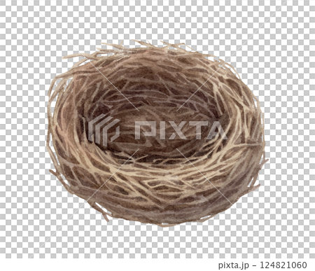 Empty bird nest from twig in a vintage Easter theme. Realistic hand drawn watercolor illustration with texture. Perfect for card design. Ideal for festive decor and nature themed holiday artwork. Empty bird nest from twig in a vintage Easter theme. Realistic hand drawn watercolor illustration with texture. Perfect for card design. Ideal for festive decor and nature themed holiday artwork. 124821060