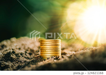 Coins placed on the ground, Growing Money - Plant On Coins - Finance And Investment Concept. planning savings money of coins to buy a home concept for property, mortgage and real estate investment. Coins placed on the ground, Growing Money - Plant On Coins - Finance And Investment Concept. planning savings money of coins to buy a home concept for property, mortgage and real estate investment. 124821168