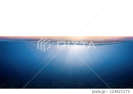 Blue water wave and bubbles isolated on white background. Orange and golden sunset sky over calm sea with sunlight reflection, Tranquil sea harmony of calm water surface. graphic designing, editing. 124821173