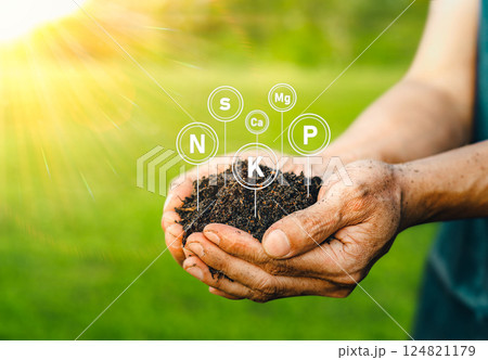 The fertile soil for cultivation is in the hands of men, and there are technology icons about the elements in the soil. Soil for planting with the nutrients in the soil that are necessary for plant. 124821179