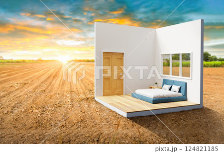 Modern house on Empty dry cracked swamp reclamation soil. real estate sale or property investment concept, Buying new home for big family - 3d illustration of residential building exterior. Modern house on Empty dry cracked swamp reclamation soil. real estate sale or property investment concept, Buying new home for big family - 3d illustration of residential building exterior. 124821185