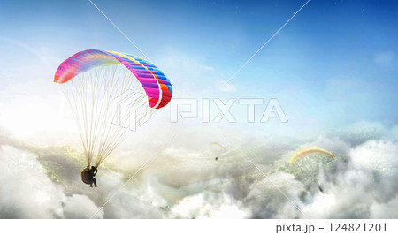 Paragliding multicolor. Paraglider flying over Landscape from the background Beauty nature mountain landscape of the sky. Paragliding Sports. Concept of extreme sport, taking adventure challenge. Paragliding multicolor. Paraglider flying over Landscape from the background Beauty nature mountain landscape of the sky. Paragliding Sports. Concept of extreme sport, taking adventure challenge. 124821201