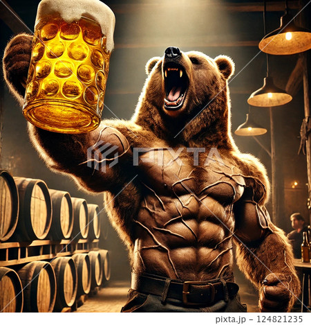 ビールを飲み讃歌してるクマ 124821235