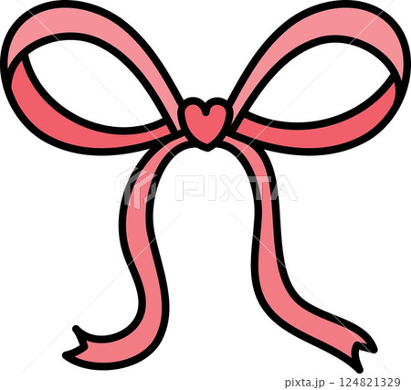 doodle bow Pink ribbon. Pink ribbon bow with heart detail for decoration or gifts. in color line style 124821329