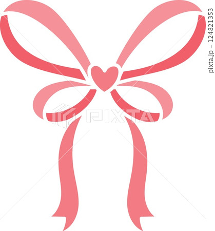 doodle bow Pink ribbon. Decorative pink ribbon design with a heart shape in the center. in flat color style 124821353