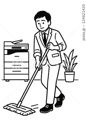 シンプルな社内清掃の線画イラスト、背景なし、アイコン、素材、ビジネスシーン 124821420