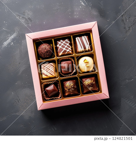 Open pink square box of chocolates on a delicate light black background. Candies with sprinkles and caramel of different colors. clipart for design of postcards, advertisements, banners 124821501