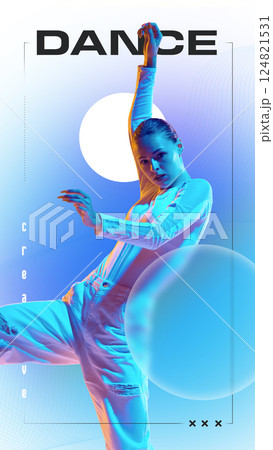 Elegant female hip hop dancer in glowing pose in white clothes with extended arm dancing against vibrant circles Elegant female hip hop dancer in glowing pose in white clothes with extended arm dancing against vibrant circles 124821531
