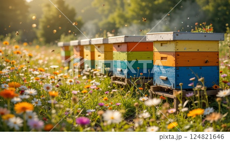 Rainbow bee hives standing in a sunlit wildflower meadow. 124821646