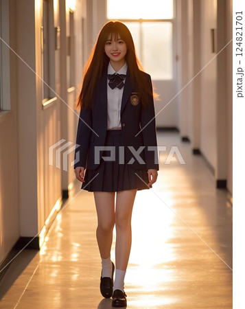 廊下を歩く制服の女子高校生 124821701