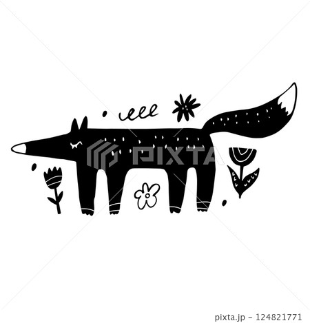 Whimsical Folk Art Fox Silhouette with Floral Elements. Hand-Drawn Botanical Fox Illustration. Whimsical Folk Art Fox Silhouette with Floral Elements. Hand-Drawn Botanical Fox Illustration. 124821771