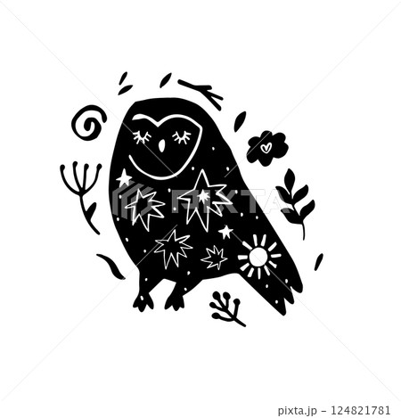 Whimsical Folk Art Owl Silhouette with Floral Elements. Hand-Drawn Botanical Owl Illustration Whimsical Folk Art Owl Silhouette with Floral Elements. Hand-Drawn Botanical Owl Illustration 124821781