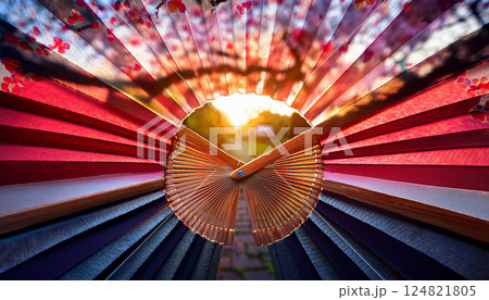 夕陽に透ける和紙の扇子 124821805