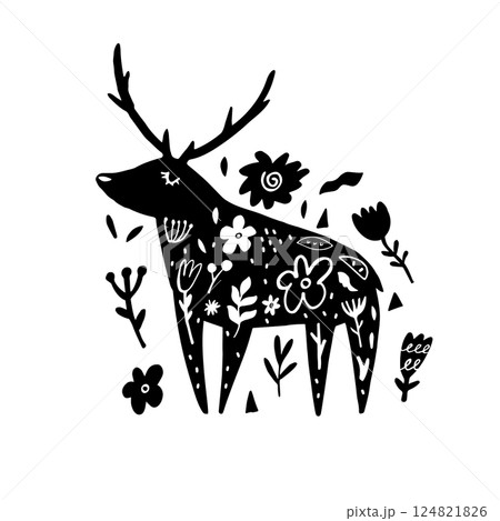 Folk Art Deer Silhouette with Floral and Botanical Details. Hand-Drawn Whimsical Woodland Animal Illustration 124821826