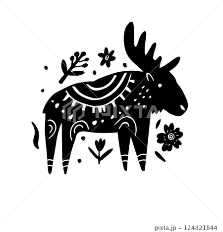 Whimsical Folk Art Elk Silhouette with Floral Elements. Hand-Drawn Botanical Moose Illustration Whimsical Folk Art Elk Silhouette with Floral Elements. Hand-Drawn Botanical Moose Illustration 124821844