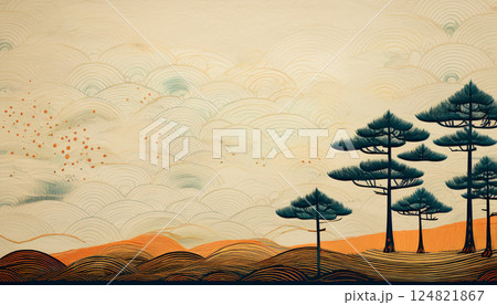 抽象的な雲と松林の和風背景アート 124821867