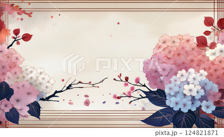 花々と和柄で彩る雅なフレームデザイン 花々と和柄で彩る雅なフレームデザイン 124821871
