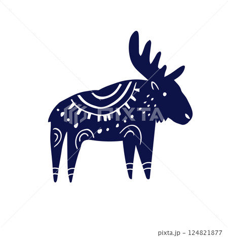Whimsical Folk Art Elk Silhouette with Abstract Elements. Hand-Drawn Moose Illustration in Navy Blue and White 124821877