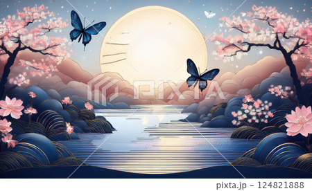 桜と満月が照らす幻想的な夜の風景 124821888