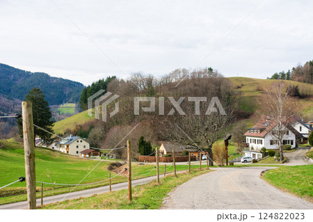 Charming rural landscape with winding roads and quaint houses nestled in green hills during a tranquil afternoon in a picturesque village 124822023