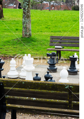 Chess pieces await a strategic battle in a serene park, inviting players to engage in thoughtful competition under a clear sky during a tranquil afternoon 124822046