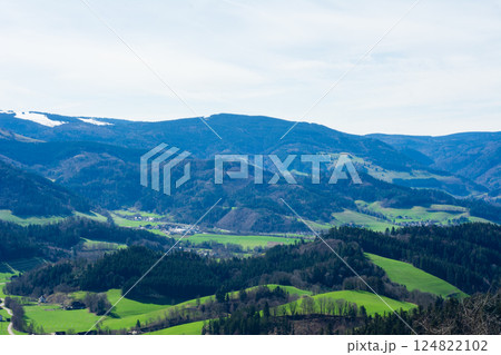 Breathtaking panorama of lush green valleys and rolling hills under a bright sky in the Black Forest region during early springtime 124822102
