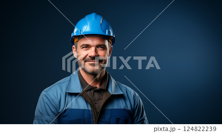 Man builder worker in uniform. Business, building, industry, technology. Builder concept. Business, building concept - smiling builder in hard hat. 124822239