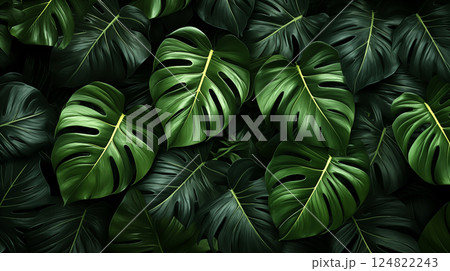Dark botanical background tropical leaves faded bg 124822243