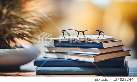 A stack of books and a pair of glasses . Blurred background 124822244