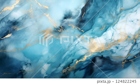 Elegant blue watercolor background with golden veins and cracked marble texture. Hand painted brush strokes for luxury designs 124822245