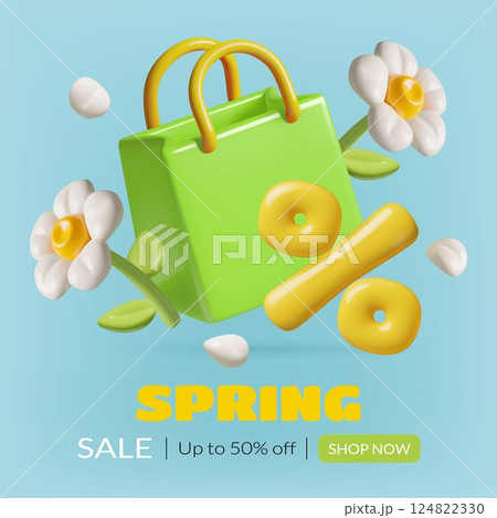Spring sale background with 3d shopping bag, percent sign and flowers 124822330