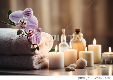 Beautiful spa composition. Couple Towels With Candles And Orchid For Natural Massage 124822380