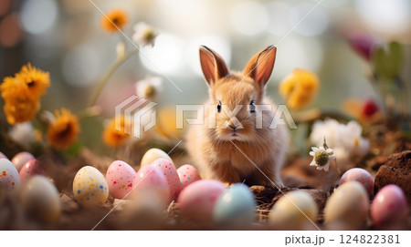 Easter bunny , with a blurred background on the side for the inscription.  Bunny and colorful easter eggs 124822381