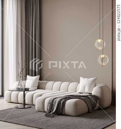 Empty beige wall mockup in modern living room interior with white couch, 3d rendering 124822575