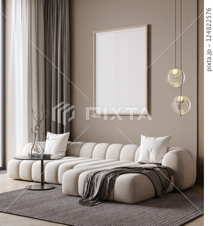 Poster frame mock-up in modern home interior background, living room in beige colors,3d render 124822576
