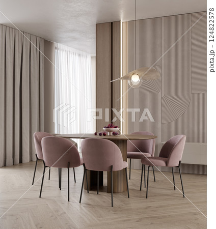 Interior design of modern dining room with pink chair and wooden table, 3d rendering 124822578