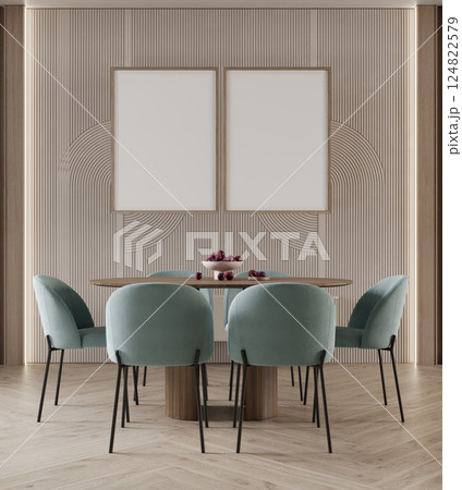 Two poster frames mockup in modern dining room with blue chair and table, 3d rendering 124822579