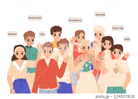People greetings in different languages. Young students crowd waves his hands in greeting. Stylish teens stand together, cartoon girl boy vector characters People greetings in different languages. Young students crowd waves his hands in greeting. Stylish teens stand together, cartoon girl boy vector characters 124822618