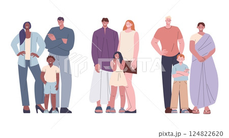 Multicultural families. Happy parents with children, african asian european characters. People in traditional outfits, international relationship vector set 124822620
