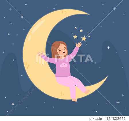 Happy child sitting on crescent in night sky. Girl dreaming with moon and stars. Cartoon toddler wear pajama, sleep time for baby, vector illustration 124822621