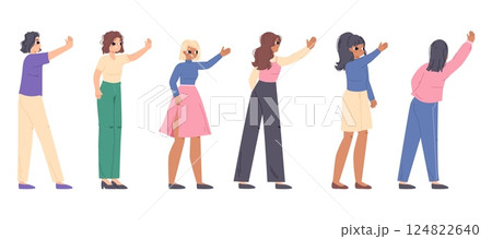 Female different gestures. Greets, say stop, waves her hand. Young female characters in casual outfits. Isolated cartoon characters vector set 124822640