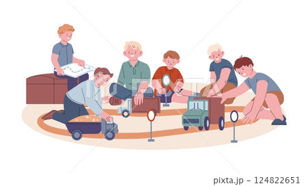 Boys playing with cars. Little males have fun, play with trucks. Children games, friends together with toys. Friendship, kindergarten free time, vector scene Boys playing with cars. Little males have fun, play with trucks. Children games, friends together with toys. Friendship, kindergarten free time, vector scene 124822651