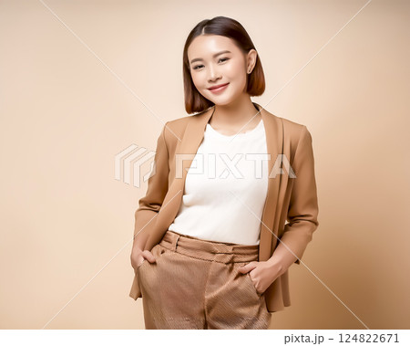 ジェンダーレスファッションの服を着た若いビジネスウーマンのイメージ素材 124822671