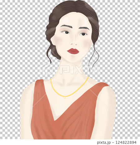 A beautiful woman with dark hair styled in an elegant updo, wearing a rust-colored dress and a delicate gold necklace. A beautiful woman with dark hair styled in an elegant updo, wearing a rust-colored dress and a delicate gold necklace. 124822894