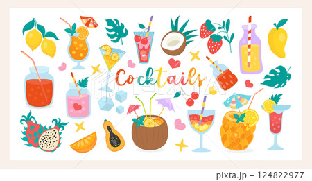Tropical summer set with cocktails, exotic fruits, ice cubes in flat colorful style perfect for beach bars, menus, party decor, packaging and summer designs. Vector illustration 124822977