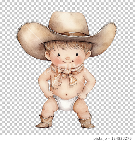Cute cowboy baby with a big hat and boots. Western country aesthetic. Wild West isolated clipart. 124823279