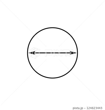 Circle with arrow inside. Vector drawing round shape with size and diameter. Icon on white background.  124823443