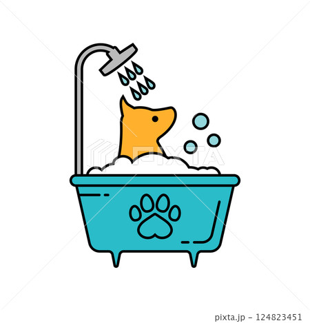 The dog having bath. Pet shower. The dog is washing in the bathtub. Outline and line style. Isolated colored vector illustration on white background. 124823451