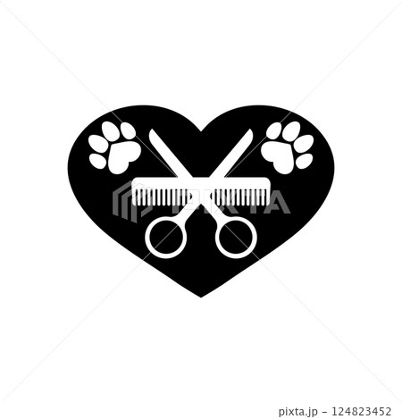 Dog grooming logo design template. Dog pawprint with comb and scissors. Vector clipart and drawing. Isolated illustration on white background. Dog grooming logo design template. Dog pawprint with comb and scissors. Vector clipart and drawing. Isolated illustration on white background. 124823452